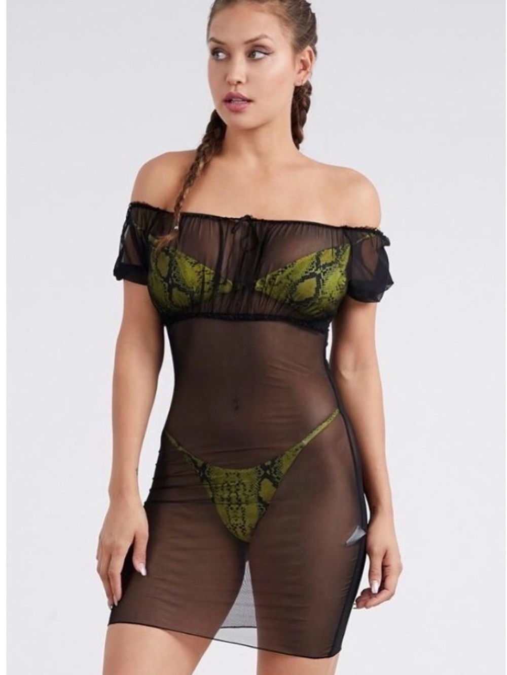 Sheer Black Off-Shoulder Cover-Up with Green Snake Print Lingerie